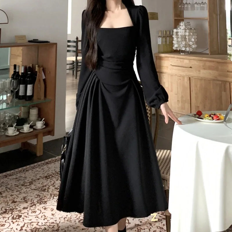 

Women's Long Skirt Design Sense High-waisted Temperament Thin Spring Autumn Dress Long-sleeved French Smocked Base Dress T0055