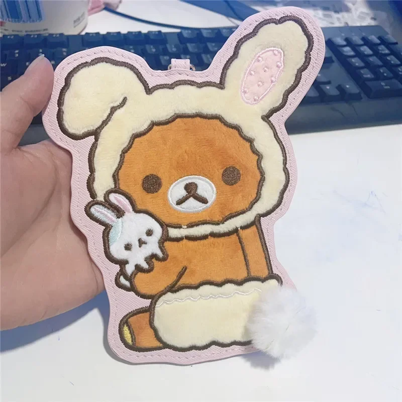 Rilakkuma ID Card Holder for Women Girl Embroidery Plush Leather
