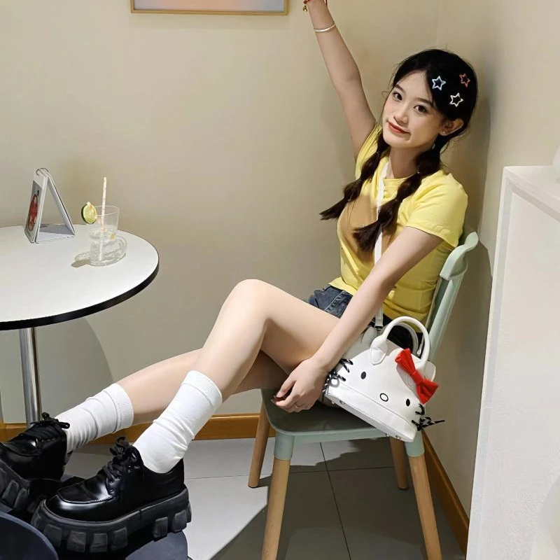 MBTI White Hello Kitty Shoulder Bag for Women Small Cartoon Leather Sweet Crossbody Bag Cute Bow Fashion Vintage Female Handbag