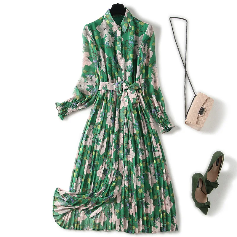 

Женское однобортное плиссированное платье, шифоновая юбка с воротником-рубашкой и поясом на резинке, весна-лето 2022