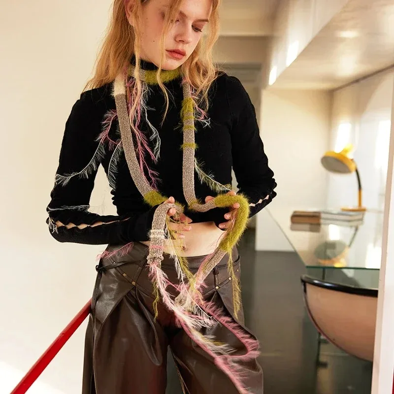 

Vintage Mixed Color Scarf Neckband JK Tassel Scarf Concave Design Decoration Narrow Scarf Y2k Spicy Girl Small Scaves