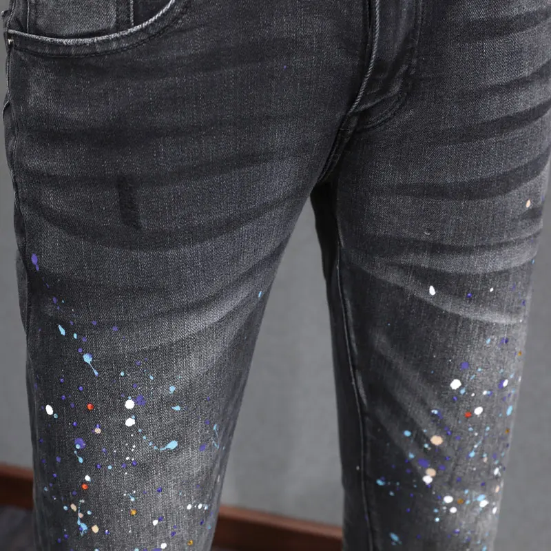 High Street Fashion Men Jeans Retro Black Gray Stretch Skinny Fit Painted Ripped Jeans Men Beading Designer Hip Hop Brand Pants