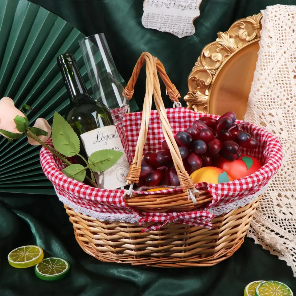 Picknickmand rieten opbergmand, geweven picknickmand, buiten handgemaakte bloemenmand rotan opbergcontainer voor voedsel bloem picknick (natuurlijke kleur mand geruite stof
