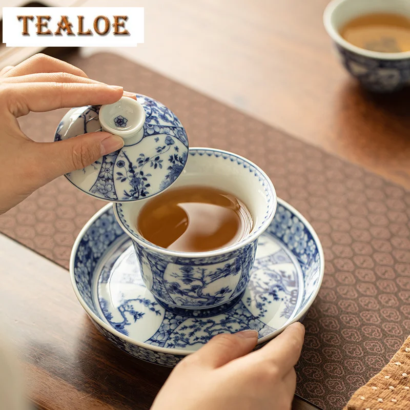 170ml Jingdezhen Antique Blue And White Gaiwan Aesthetic Twelve Gods Of Flowers Tea Tureen Tea Making Cover Bowl Cafes Craft