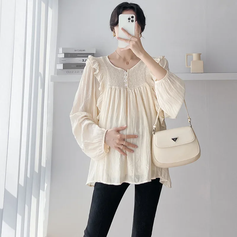 Spring Maternity Shirt Long Sleeve V-Neck Doll Top Belly Support Pants Two-Piece Set Comfortable Maternity Wear