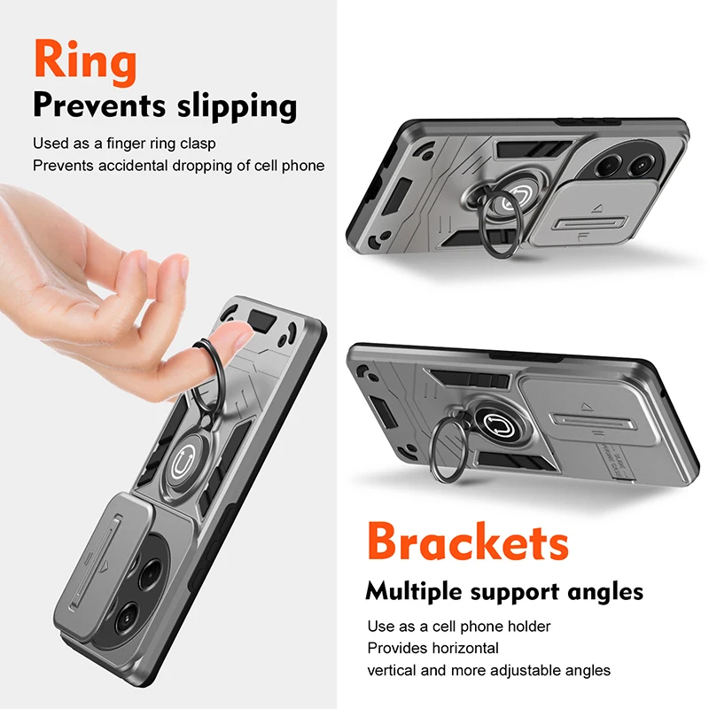 Shockproof Phone Case with Ring Holder, Camera Slide Cover, and Magnetic Shell