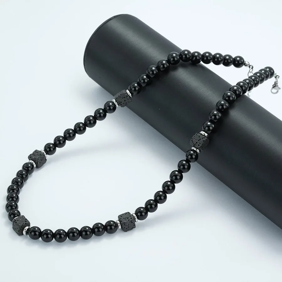 Men Black Lava Onyx Obsidian Stone Choker Necklace