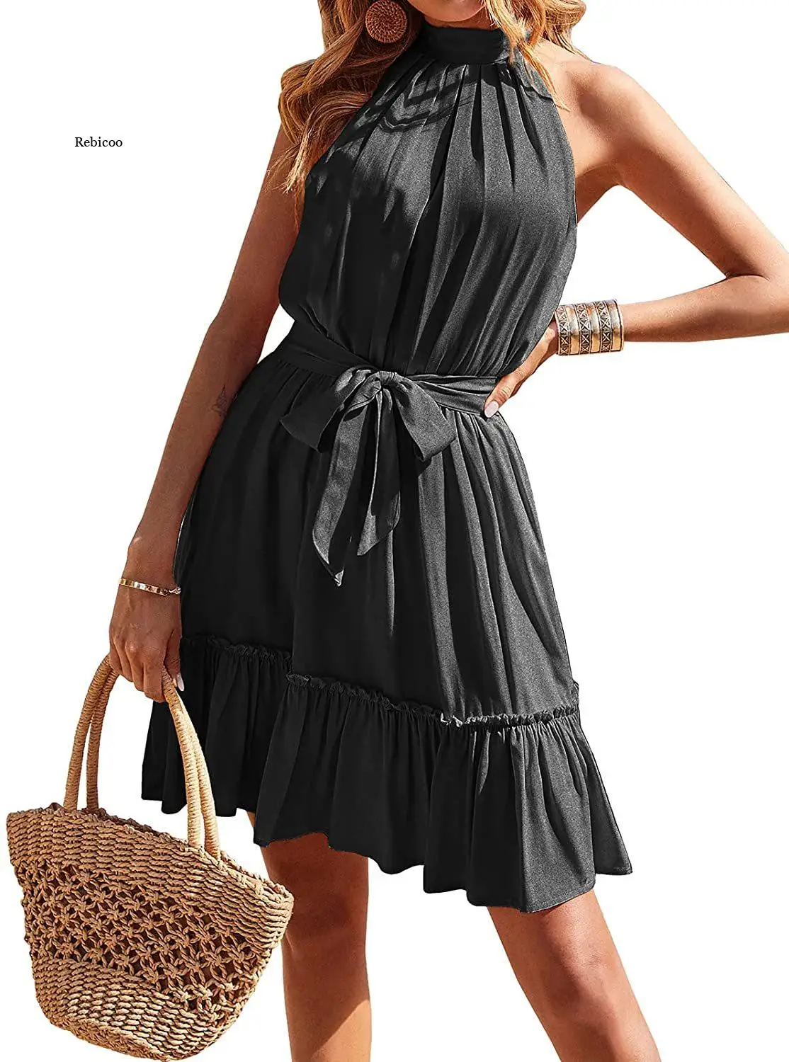 

Woman 2022 New Fashion Printing Dress Boho Halter Sleeveless Mini Dress Elegant Women Pleated Belt Bodycon Dress