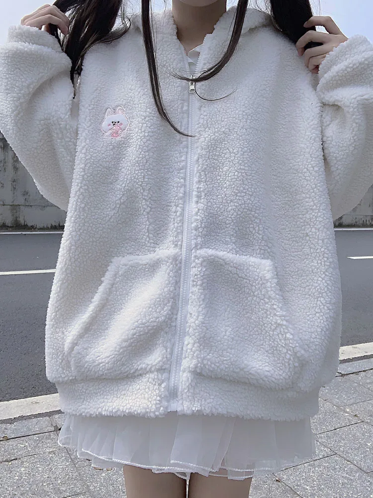 Lolita Sweet Kawaii Preppy Style Women Coat Hooded Rabbit Ear Winter Thicken Plush Outerwear Solid Zipper Women Jacket Female