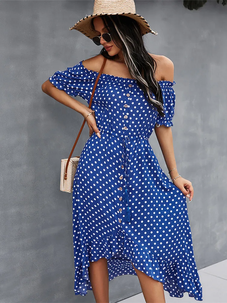 Msfilia Ladies Dot Polka Print Dress Women Tassel Button Off The Shoulder  Dress For Woman Sexy Slash Neck Spring Summer Dress - AliExpress 200000345