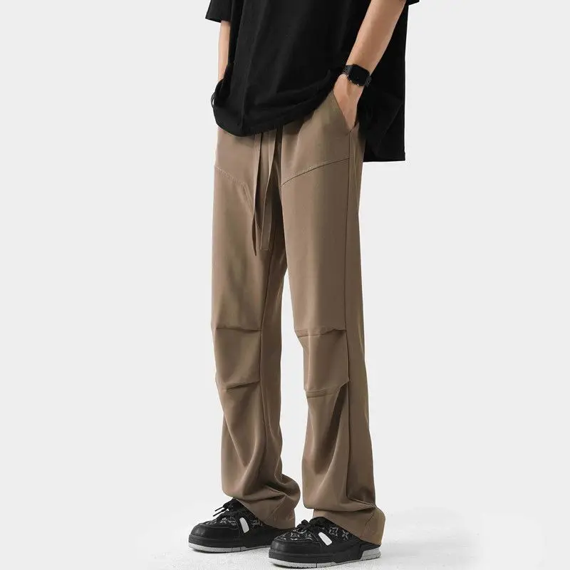 

M-5XL New Summer Pleated Ice Silk Cool Breathable Pants Men's Casual Draping Mopping Pants Black Straight Handsome Long Pants