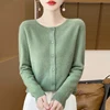100%Merino Wool Cardigan Women's Round Neck Casual High-Quality AutumnWinter Solid Color Jacket Knit Basic Sweater Pure Wool Top 3