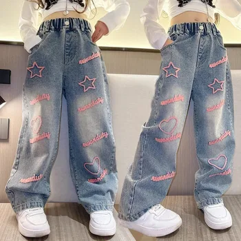 Girls' Wide-Leg Jeans with Heart & Star Design 1