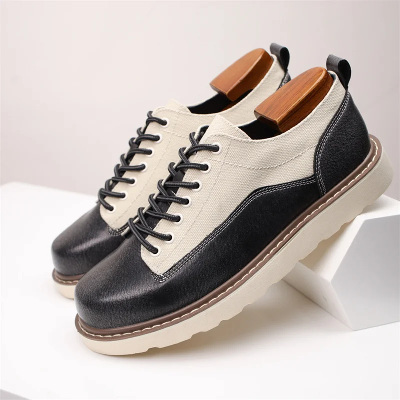 New Men Cow Leather With Canvas Casual Platform Shoes Lace Up Retro Outdoor Men Comfortable Autumn Footwear