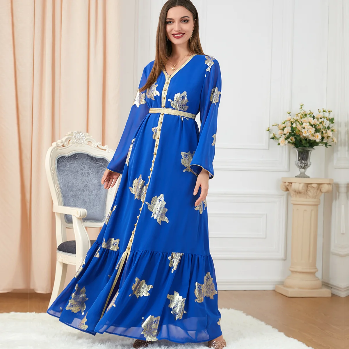 Party Dresses For Women Dubai 2023 Printed Long Sleeve V-Neck Button Muslim Dress Trim Belted Kaftan Split Hem Clothes For Women