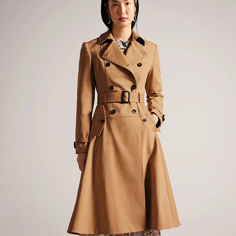 

Classic Design Women Solid Khaki Trenchcoat Fashion Double Breasted Long Sleeve Coat 12060