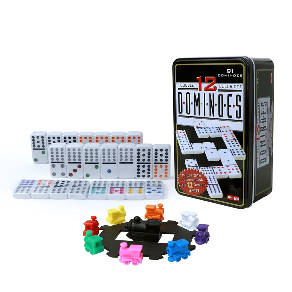 Mexican Train Dominoes 12 Double Twelve Dominoes Set for Adults Metal Box 91 Domino Pieces 2-8 Players Family Travel Board Game