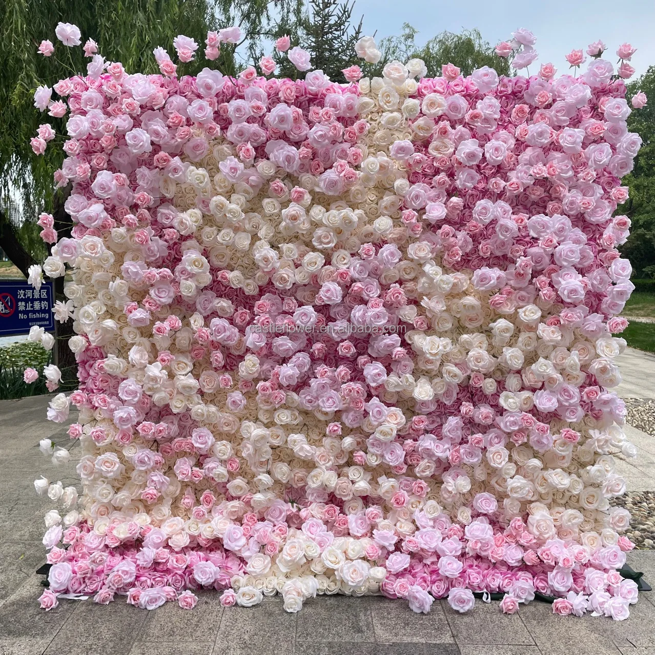 F-FW0055 Custom Flowerwall 5D 3D White Roll Up Cloth Flower Wall Wedding Decor Artificial Silk Rose Flower Panel Backdrop Flower