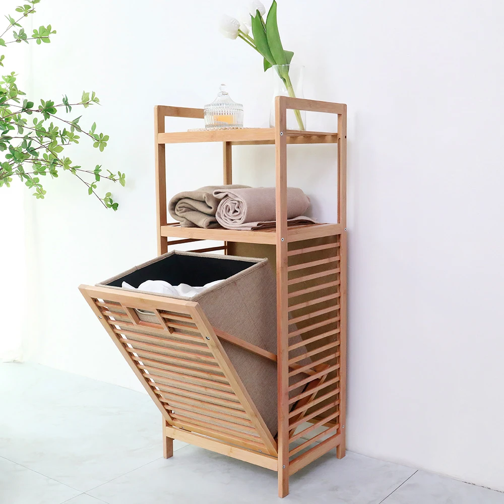 BambooDoubleLayerBathroomDirtyLaundryStorageBasketwithLid