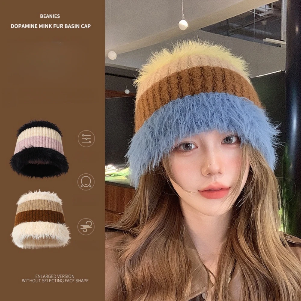

Handmade Plush Hat Colourful Striped Woolen Hat Winter Mink Hair Pullover Hat Women Loose Fisherman's Hat Clothing Accessories