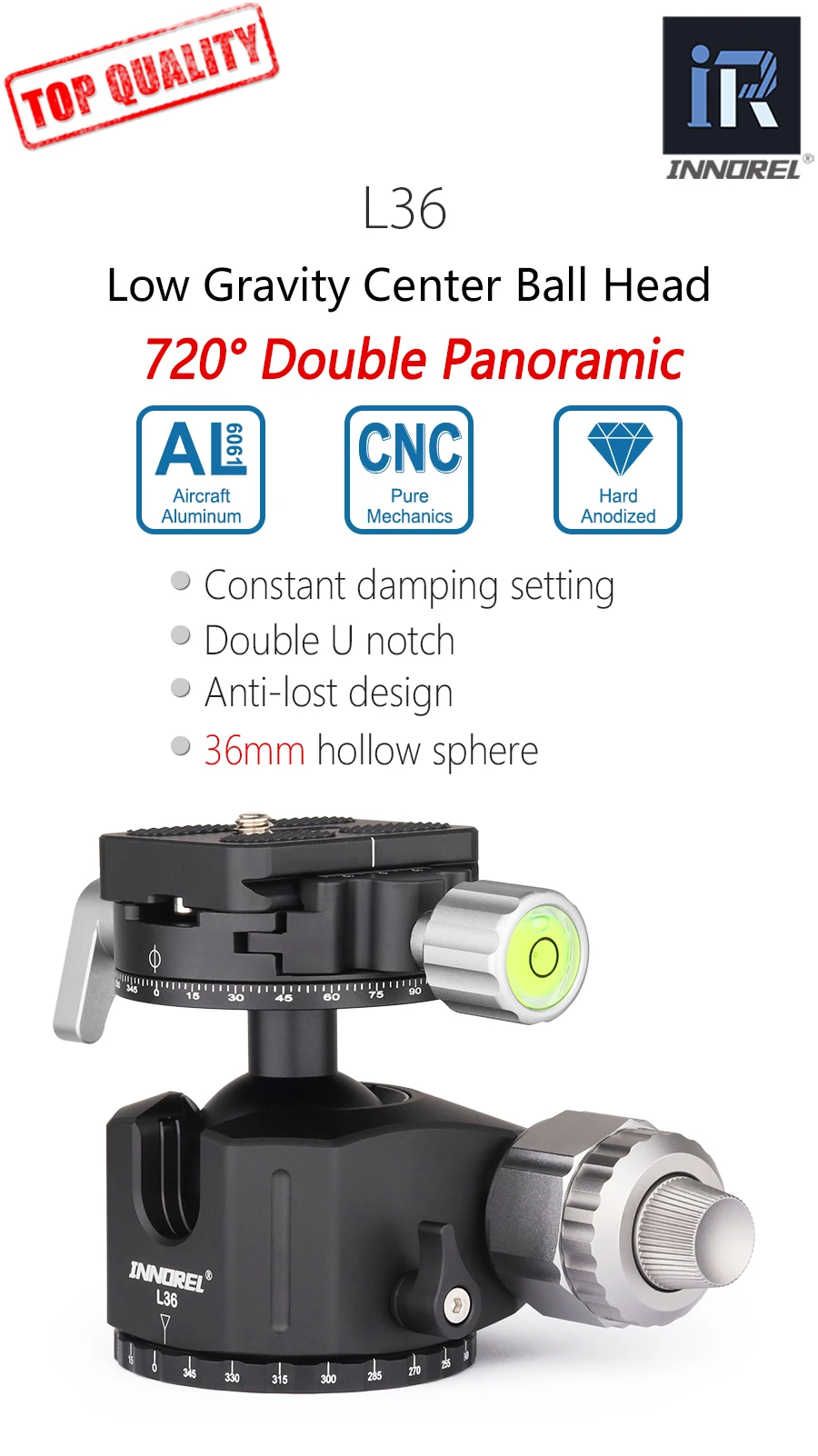 L36 Low Gravity Center Tripod Head for Heavy Duty Digital SLR Cameras with Alumi