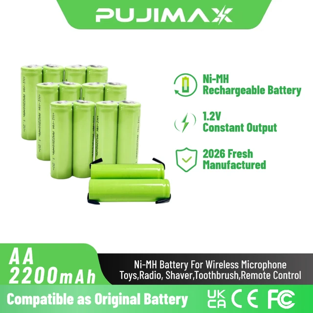 PUJIMAX AA 1.2V 2200mAh Rechargeable Battery Nickel-Metal Hydride Ni-MH Battery for Electric Shaver Razor Toothbrush Flashlights 1