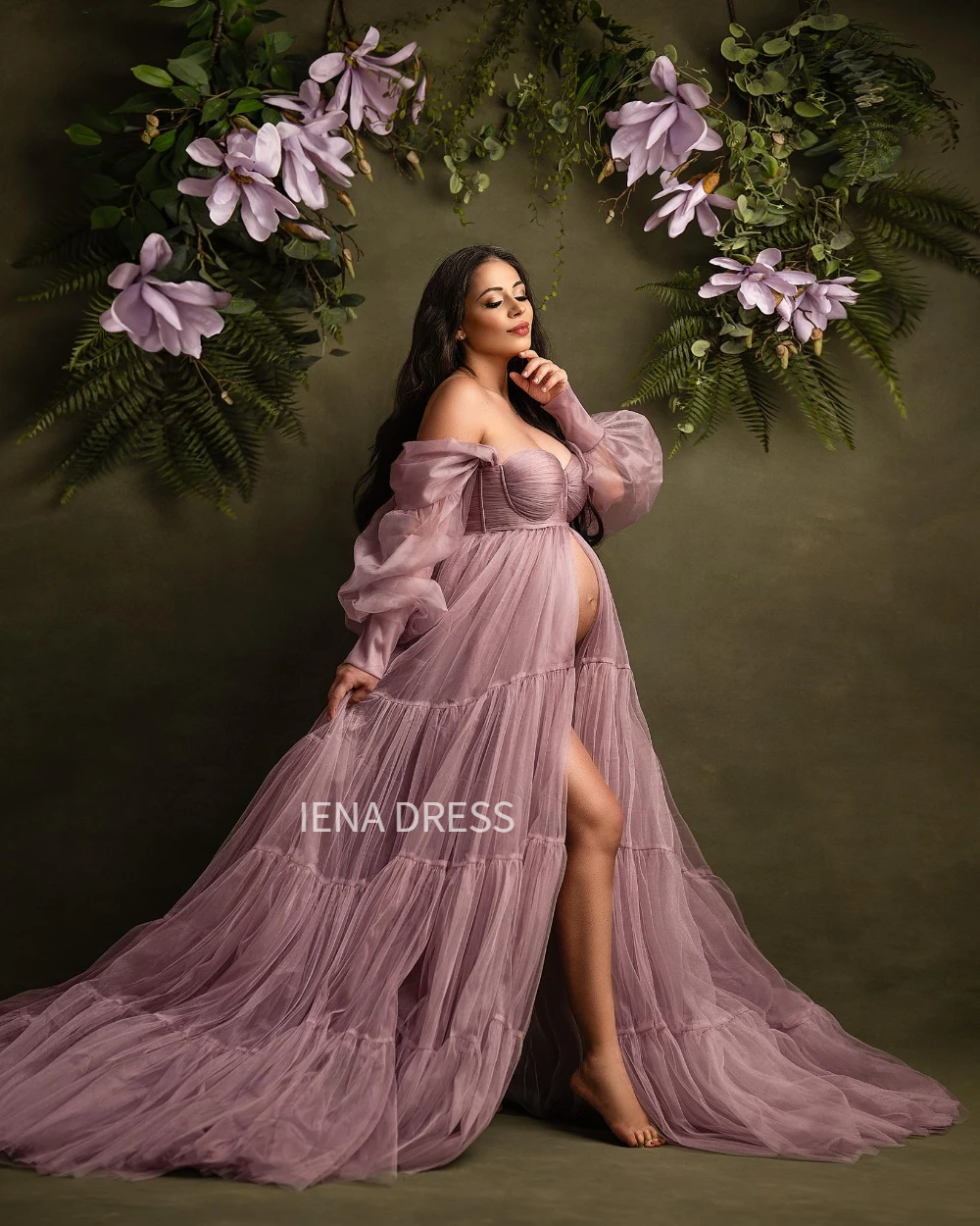Purple Tulle Maternity Photography Dress Off Shoulder Open Belly Ruffled Pregnancy Women Baby Shower Gown for Photoshoot#18428