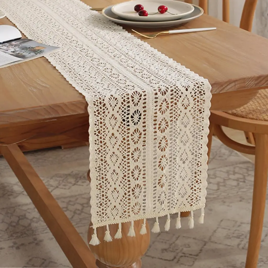 

Boho Crochet Table Runner, Beige Vintage Bohemian Macrame Table Runner for Coffee Dining Table Kitchen Decor