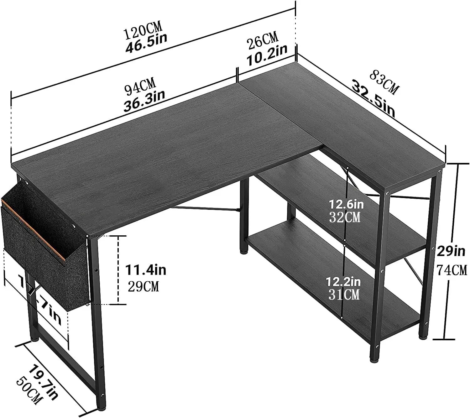 مكتب Lucas+Aiden زاوية شكل L مع أرفف