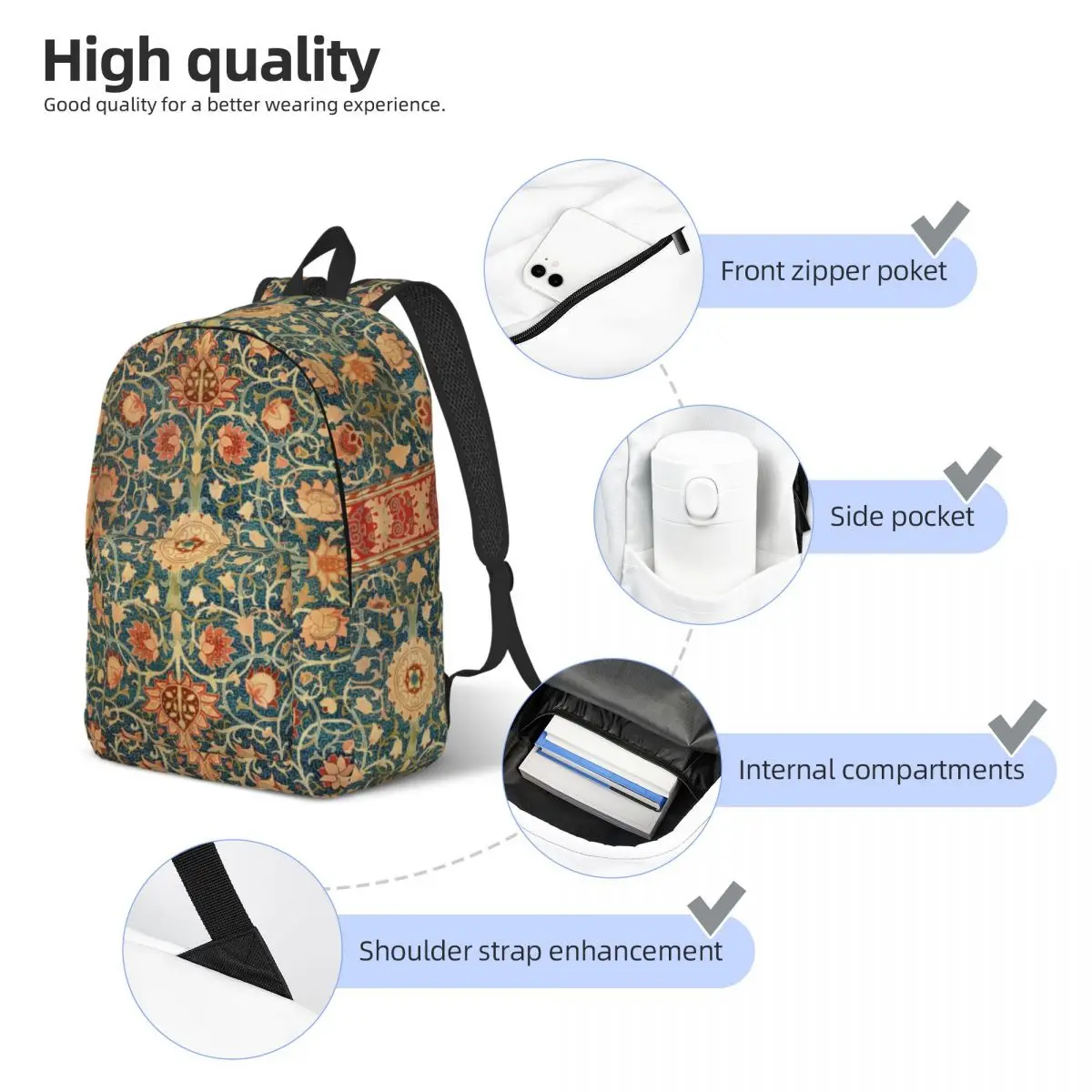 William Morris Backpack for Boy Girl Kids Student School Bookbag European Vintage Floral Canvas Daypack Kindergarten Primary Bag