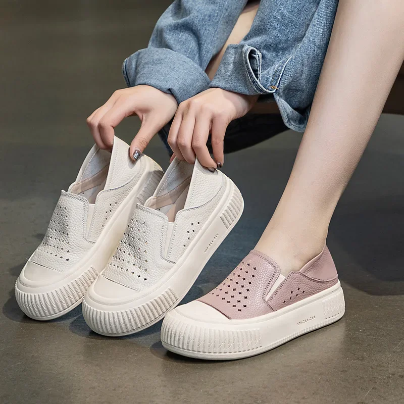 3.5cm Cow Genuine Leather Women Oxfords Breathable Shoes Flats Comfy Hollow Chunky Sneakers Spring Platform Wedge Loafer 6