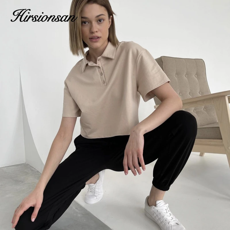 Hirsionsan Polo Neck T Shirt Women Soft Chic Tees 100% Cotton Jumper Clothes Loose Casual Pullover 2022 Summer New Crop Tops tee shirts Tees
