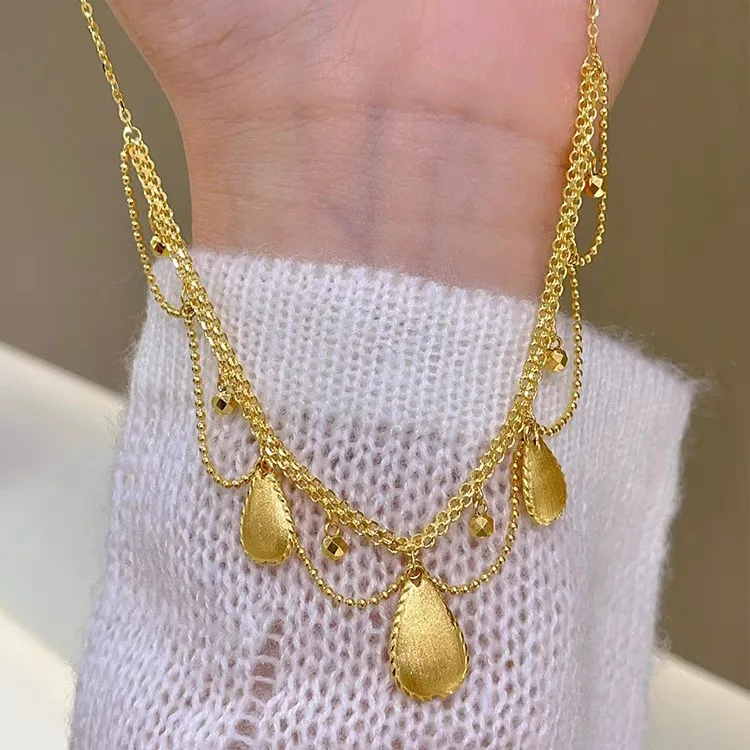 24K AU999 Pure Gold Silk Lace Drop Necklace Women's Vintage Wire-drawing Craft 3