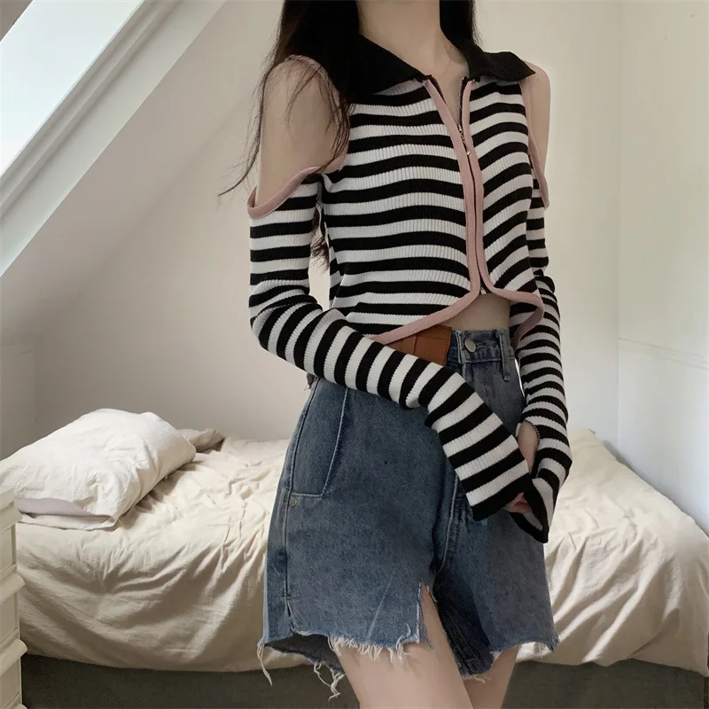 Women Striped Knitted Cropped Sweater Pullover