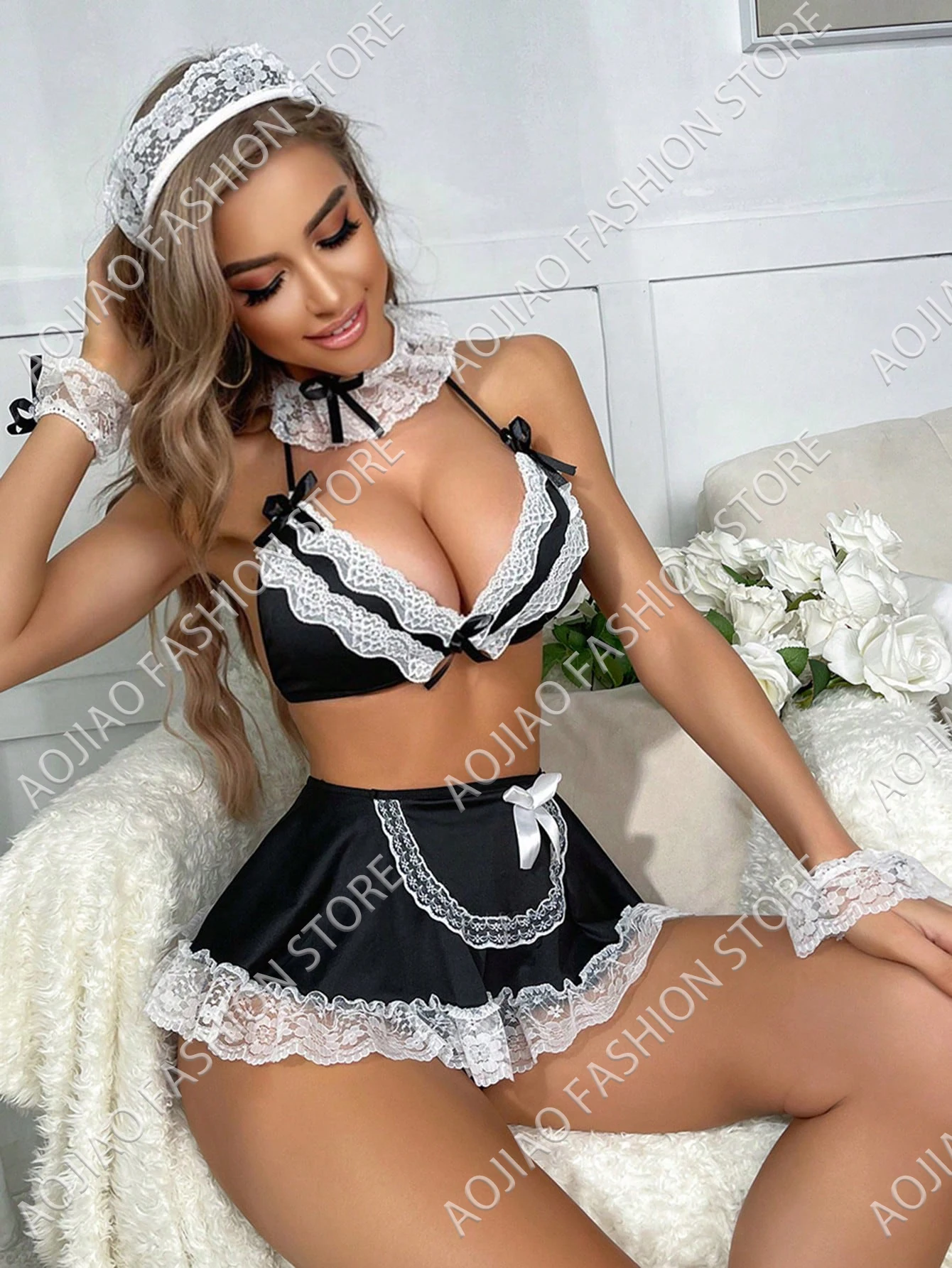 Naughty Maid Role-Play Costume Lace Halter Push Up Bra Contrast Mesh Mini  Skirt & Thong Women's Sexy Lingerie Underwear - AliExpress