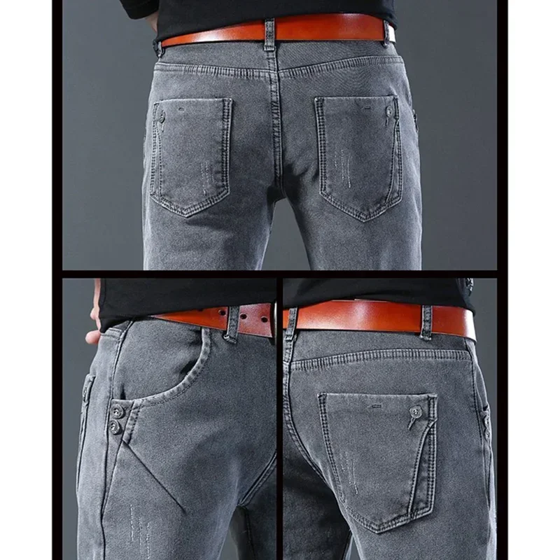 Men Classic Slim Fit Streetwear Jeans Winter Thermal Fashion Narrow Leg Denim Trousers Snow Warm Plush Gray Casual Pants Male 6
