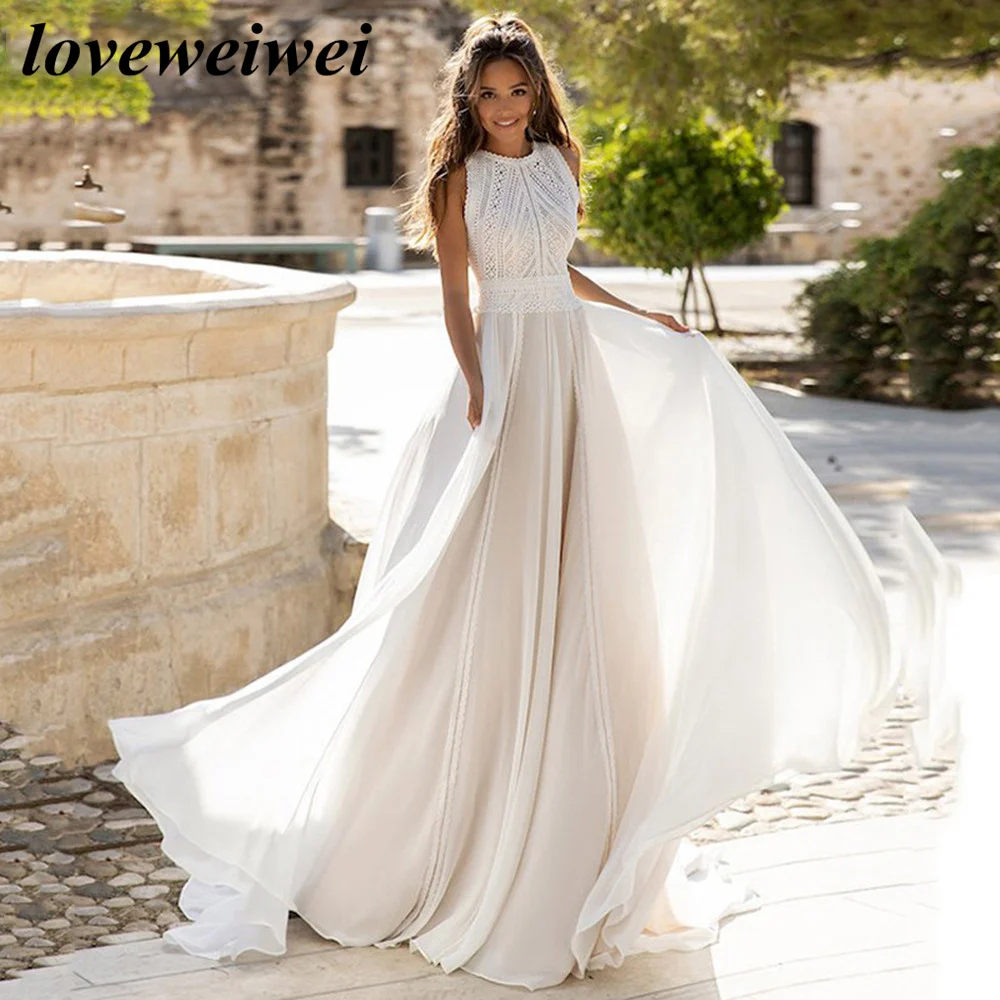 

Boho Sleeveless Lace Wedding Dress Chiffon A Line Open Back Bridal Gown Elegant O Neck Bride Dresses Bridal Robe De Mariée