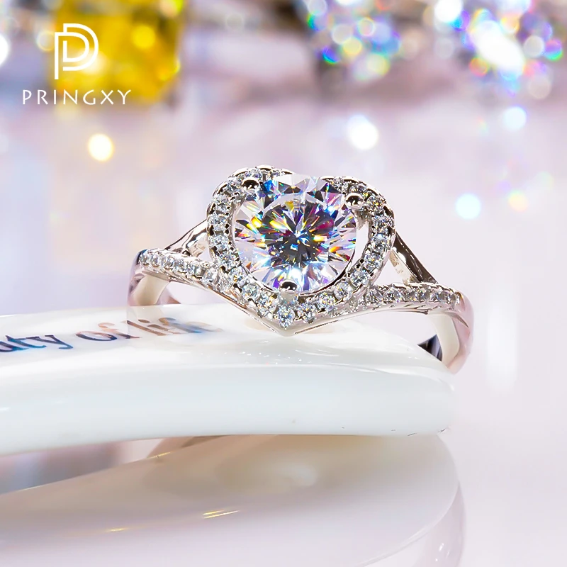 PRINGXY 1CT Heart Shaped Cut Moissanite Diamond Ring 925 Sterling Silver Platinum Plated Wedding Band Promise Ring for Women New