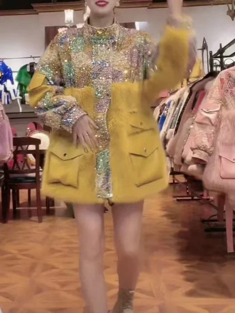 Fashionable Warm Fox Fur Jacket Sequined Woolen Cotton-Padded Coat for Women Winter Thickened Imitation Fur Socialite Fur Coat