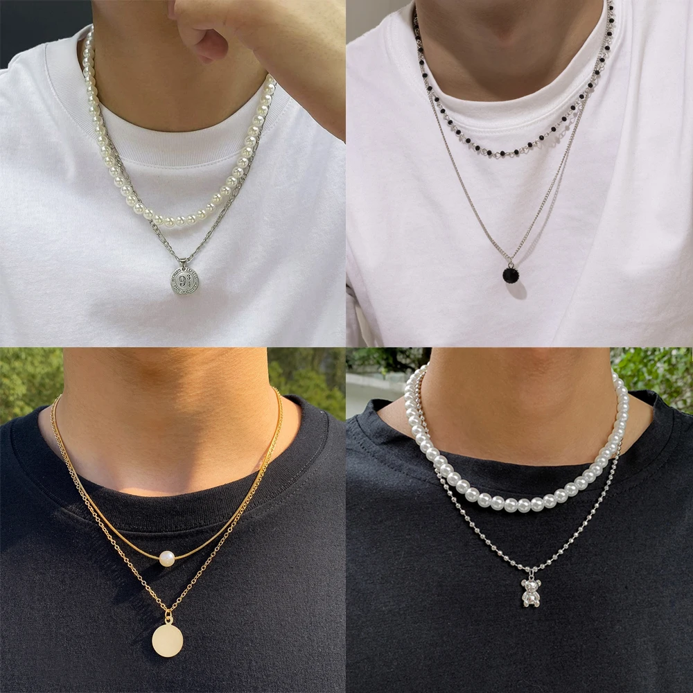 High-Cold And Simple Double-Layered Pearl Necklace Man Black Rhinestone Pendant For Men's Chain Jewelry Accessories Dropshipping