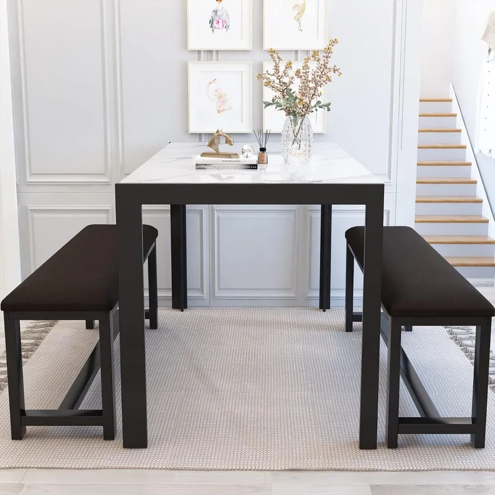 Dining Room Table Set with 2 Benches, Dining Table Set for 4-6, Faux Marble Breakfast & PU Leather Upholstered