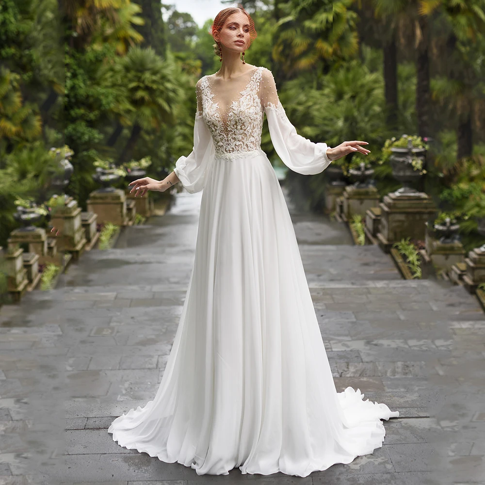 

Welinsha Women A-Line Chiffon Classic Wedding Dress Elegant Illusion O-Neck Pearls Long Sleeve Applique Bridal Gowns Button Back