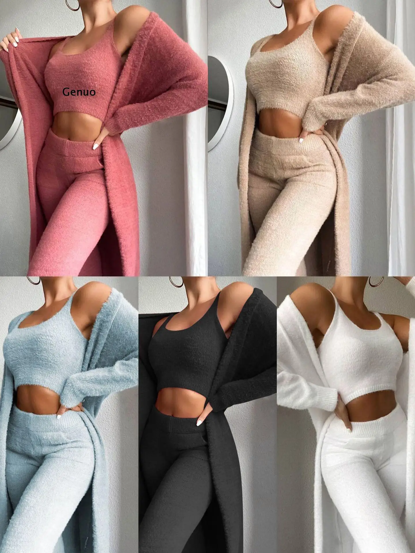 

Fashion Fleece Fuzzy Cozy 2 Piece Pant Sets Women 2021sexy Cross Tie Up Long Sleeve Crop Top and Pants Winter Clothes Loungewear