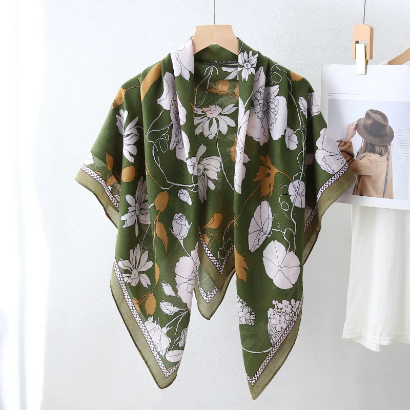 

Ladies Spring Autumn New Design Cotton Feeling 110cm Hijab Flower Printed Wrap Women Square Shawl Scarf