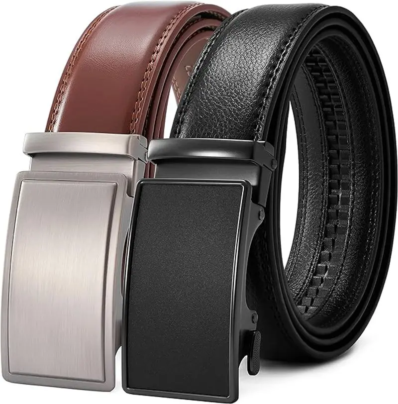 

PlusZis Black with Automatic Buckle Brown Automatic Buckle Two Pack Men's Leather Ratchet Fashion Business Dress Belt