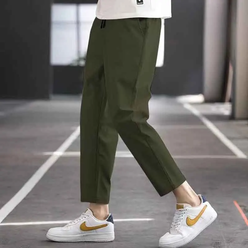 Summer Korean Men Casual Straight Cropped Pants Streetwear Fashion Elastic Waist Drawstring Basic Solid New Thin Slim Trousers