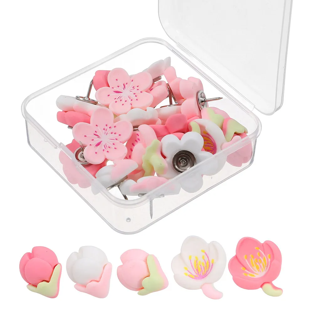 30Pcs 복숭아 꽃 엄지 못핀 장 수지 꽃 푸시핀 핑크 귀여운 게시판 코르크보드 사진 벽 핀