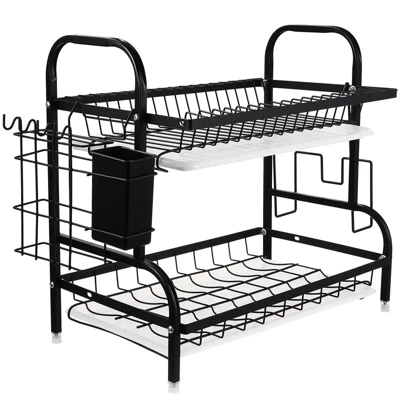 

Two Tier Dish Drainer Rack Kitchen Plate Cutlery Drying Holder With Drip Tray Kitchen Large Capacity Stable Dish Rack Dry Shelf