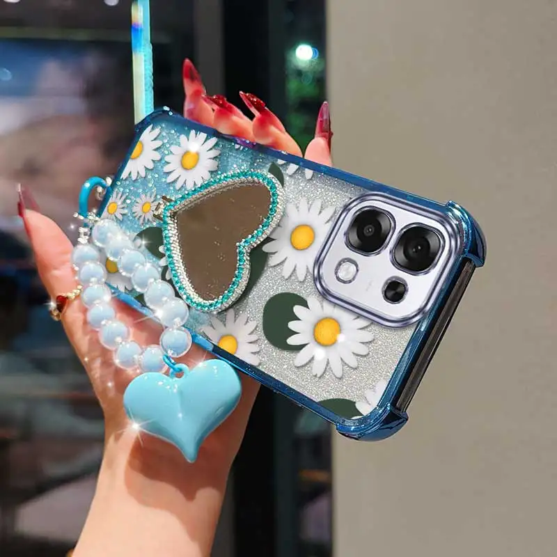 3-Piece White Daisy Phone Case Set with Lanyard and Circular Stand