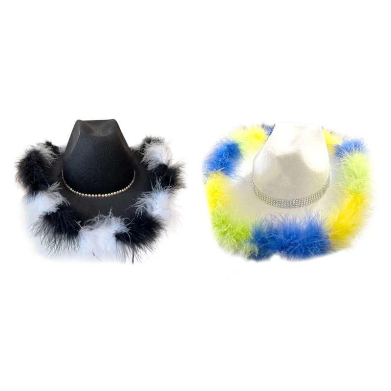 

Feather Trim Cowgirl Hat for Girl Bride RoleplayCostume Cowboy Hat Bachelorettes Party Headwear Wedding Party Headpiece